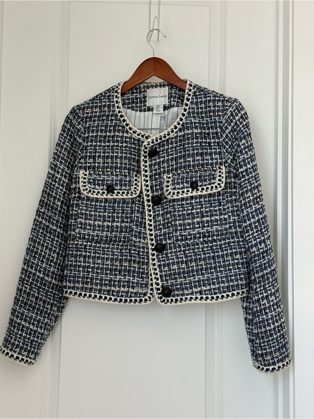 Christian Lacroix Navy & White Tweed Cropped Jacket